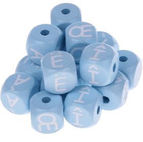 Cubos em azul bebé com letras em relevo, de 10 mm – Francês