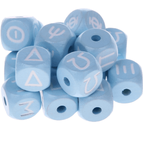 Cubos con letras en relieve de 10 mm en color azul bebé en griego