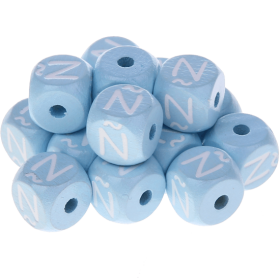 Cubos em azul bebé com letras em relevo, de 10 mm – Espanhol