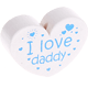 motif bead, heart-shaped – "I love daddy" : white - skyblue