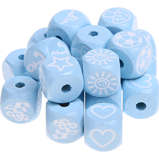 Cubos con letras en relieve de 10 mm en color azul bebé con imágenes
