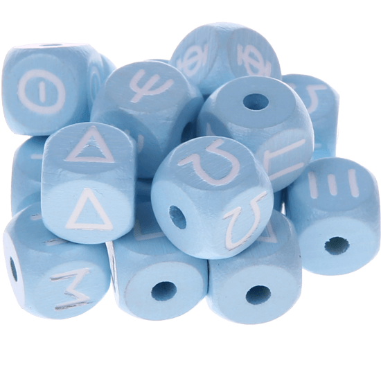 Cubos con letras en relieve de 10 mm en color azul bebé en griego