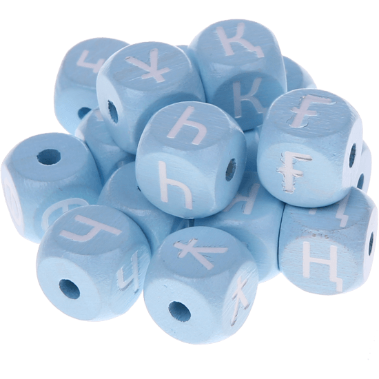 Cubos con letras en relieve de 10 mm en color azul bebé en kazajo