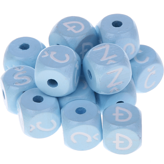Cubos con letras en relieve de 10 mm en color azul bebé en croata