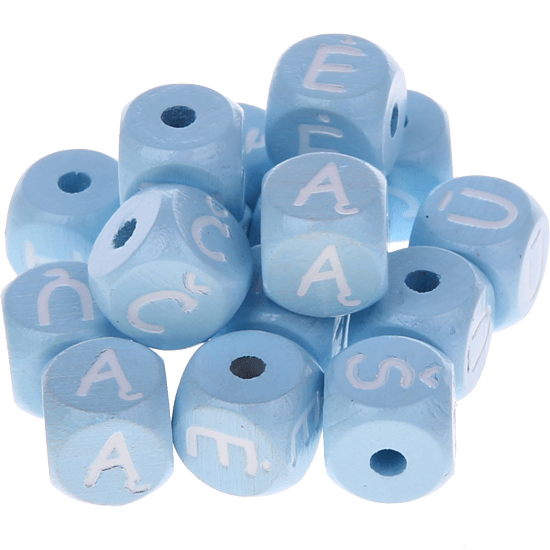 Cubos em azul bebé com letras em relevo, de 10 mm – Lituano