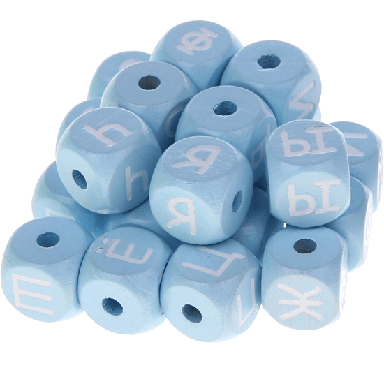 Cubos em azul bebé com letras em relevo, de 10 mm – Russo