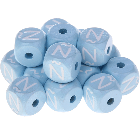 Cubos con letras en relieve de 10 mm en color azul bebé en español