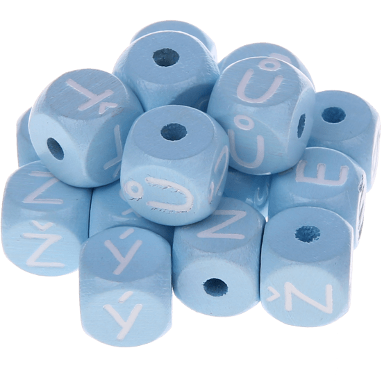 Cubos con letras en relieve de 10 mm en color azul bebé en checheno