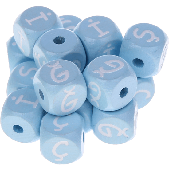 Cubos con letras en relieve de 10 mm en color azul bebé en turco