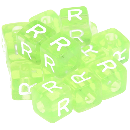 0,5 kg – 580 umělohmotných duhových kostek s písmenkem R – zelen