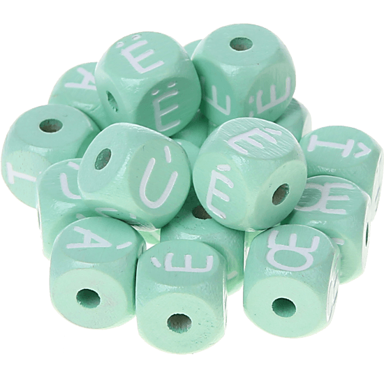 Cubos em verde menta com letras em relevo, de 10 mm – Francês