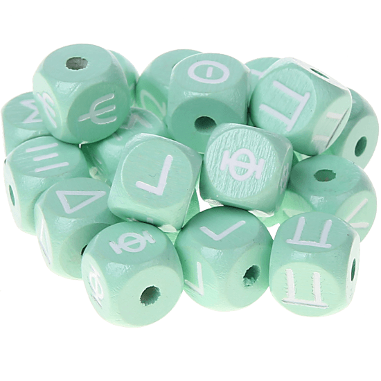Cubos em verde menta com letras em relevo, de 10 mm – Grego