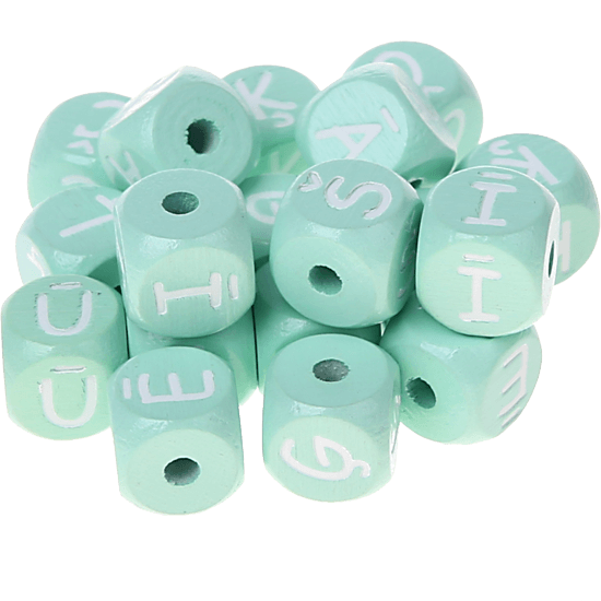 Cubos con letras en relieve de 10 mm en color menta en letón