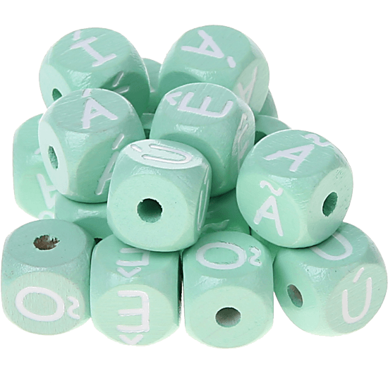 Cubos em verde menta com letras em relevo, de 10 mm – Português