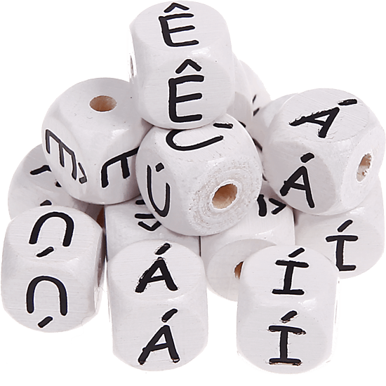Bílé ražené kostky s písmenky 10 mm – portugalština